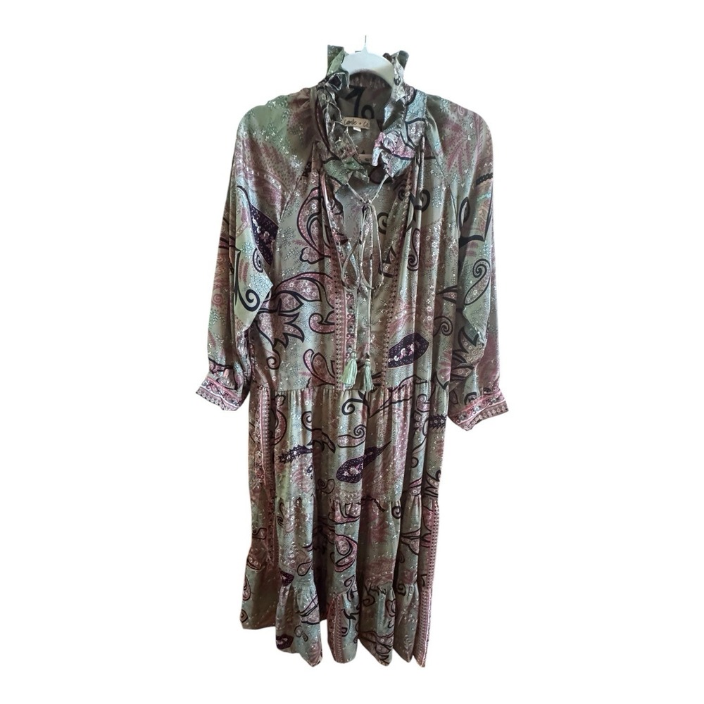 Camille & Co. Boho Green Paisley Maxi Dress Ruffled KeyHole Tied Neckline Medium